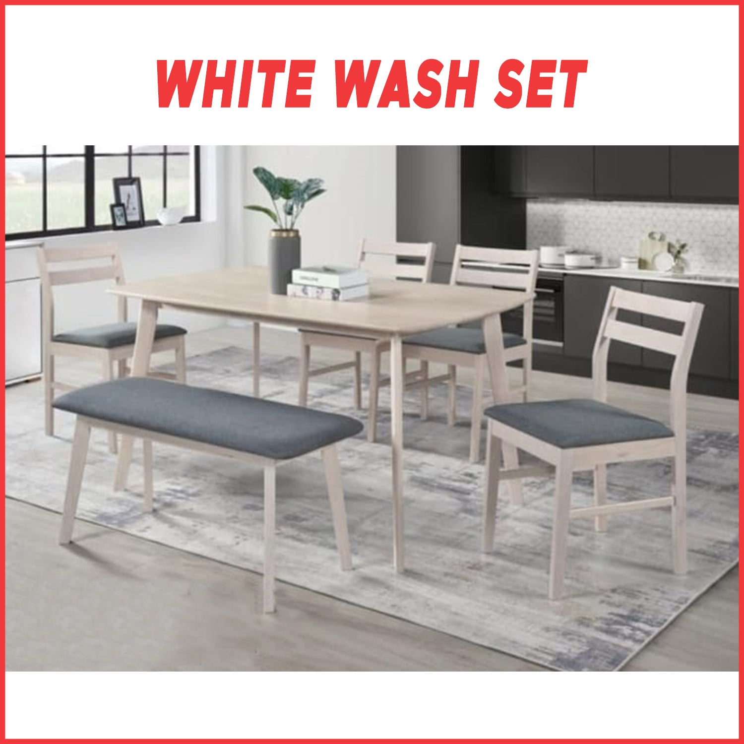 PAULA Solid Wood Dining Set Table with Chair and Bench - Available in White Wash and Walnut Colour