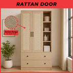 MIORI 2-Door Wooden Wardrobe Modern Clothes Cabinet with Hanging Rod, Drawer & Open Shelf