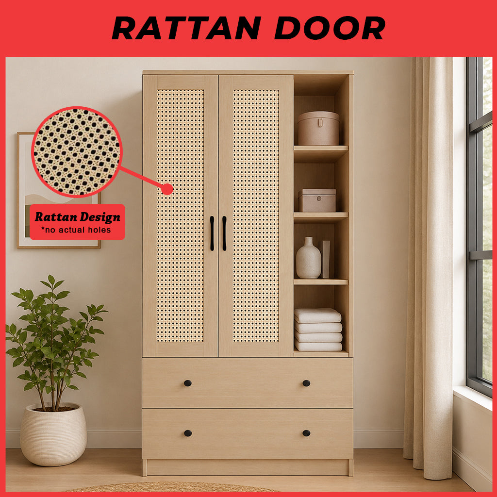 MIORI 2-Door Wooden Wardrobe Modern Clothes Cabinet with Hanging Rod, Drawer & Open Shelf
