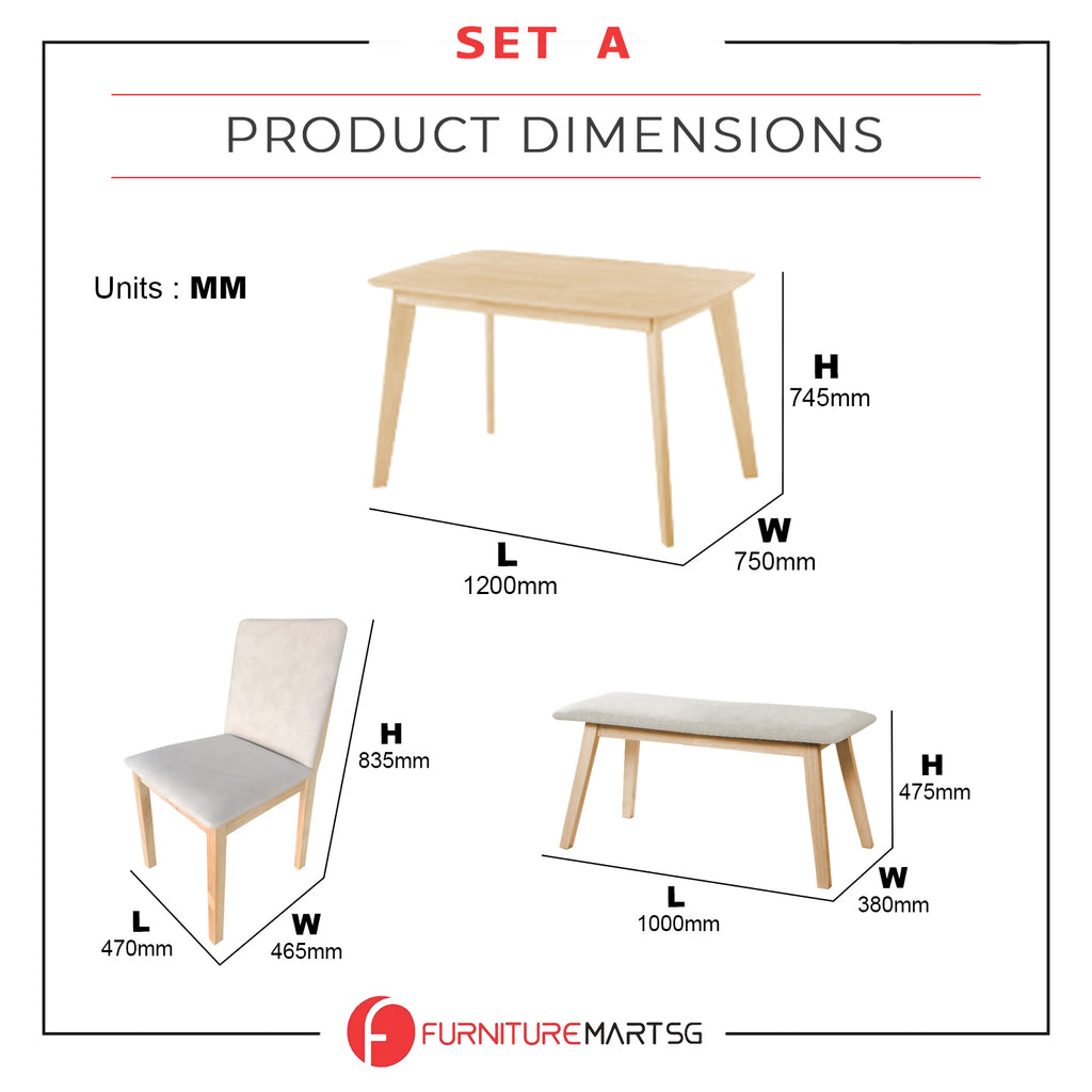OGIVE Dining Set Table with Chair & Bench Pet-Friendly Fabric in Natural & Walnut Color