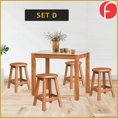Image of Lucas Dining Set w/ Table and Stools 1+4 in Solid Wood Natural Marble Top Cherry/Walnut