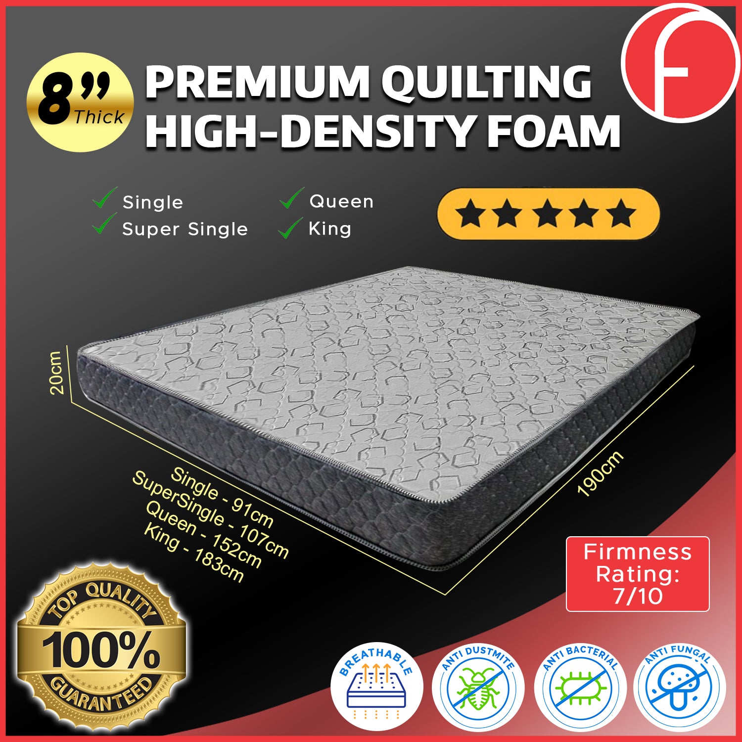4"/6"/8" Comfort Foam Mattress High Density Foam Premium Quilt - All Sizes Available