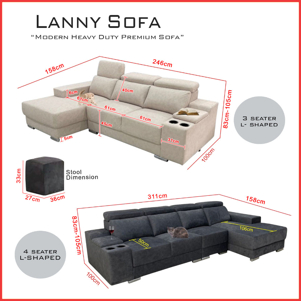 Lanny 3/4-Seater L-Shaped Sofa with Stool & Coffee Table w/ Pet-Friendly Option