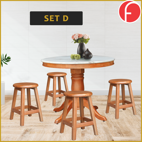 Image of Mateo Dining Set Round Table & Stools 1+4 in Solid Wood Natural Marble Top Cherry/Walnut
