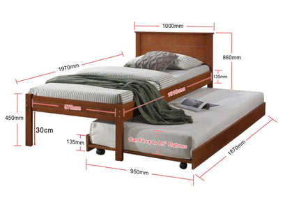 Fisla Solid Rubberwood Bed Frame Flat Plywood Base with Pull-out Bed in Single Mahogany Color