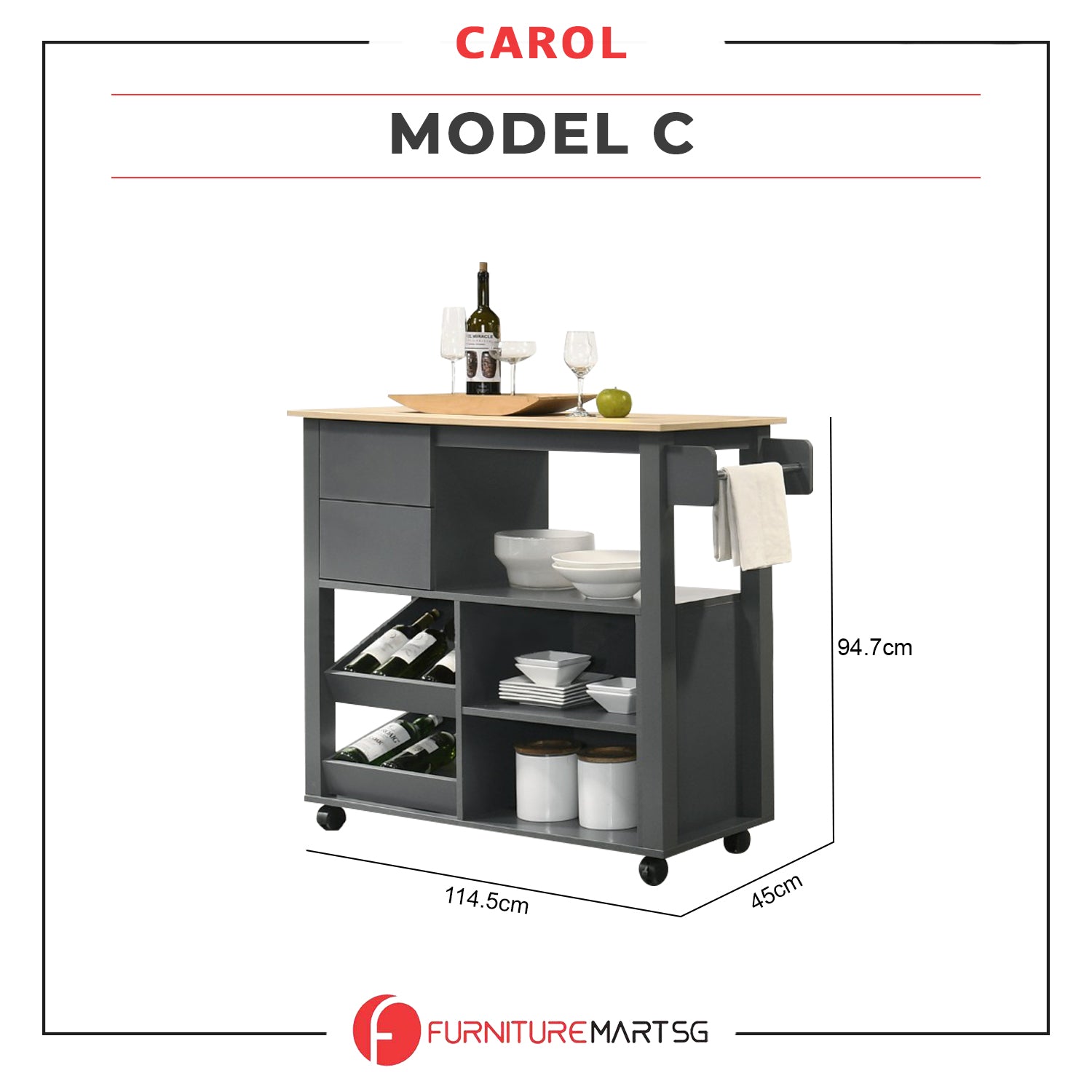 CAROL Series 3 Mobile Kitchen Island/Storage Cabinet 2 Drawer with 4 Wheel Trolley Pantry Grey Color Solid Table Top