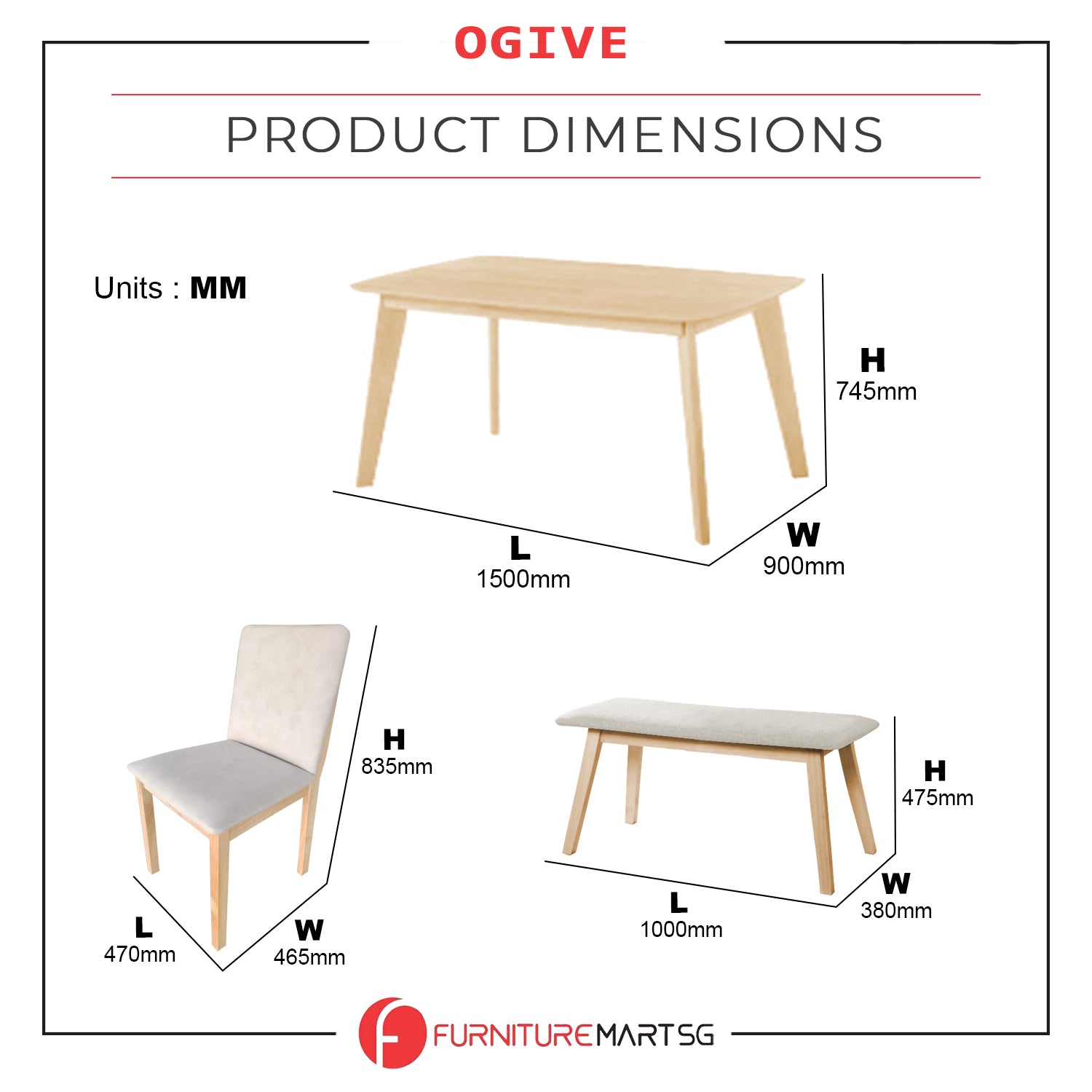 OGIVE 1+4 Dining Set Table with Chair & Bench Pet-Friendly Fabric in Natural & Walnut Color