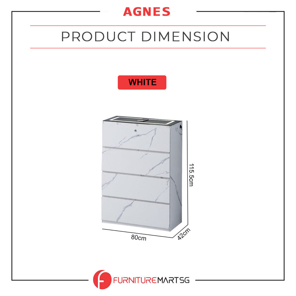 Agnes Series Chest of Drawer with Charging Port and Hidden Compartment in Marble White