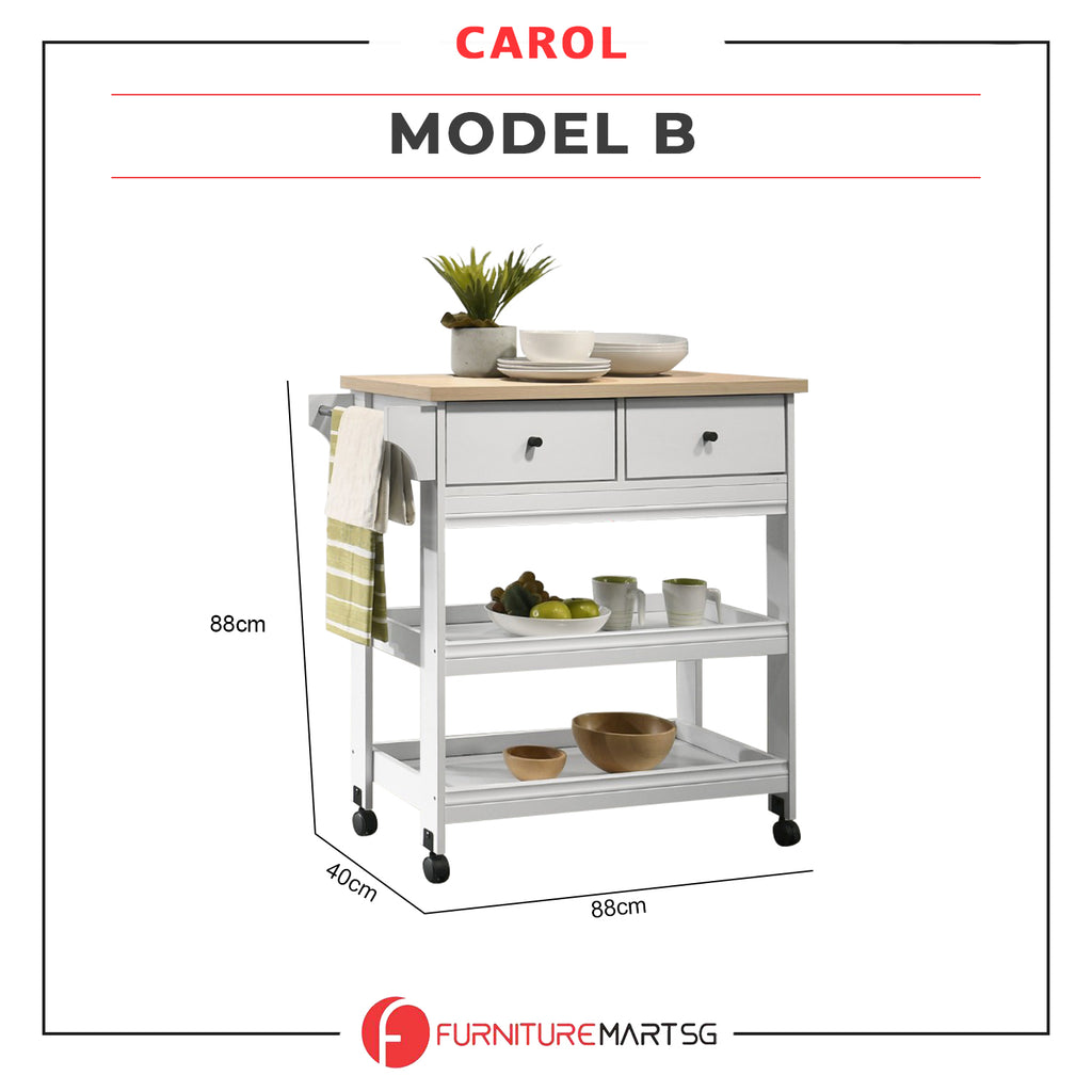 CAROL Series 2 Mobile Kitchen Island/Storage Cabinet 2 Drawer with 4 Wheel Trolley Pantry White Color Solid Table Top