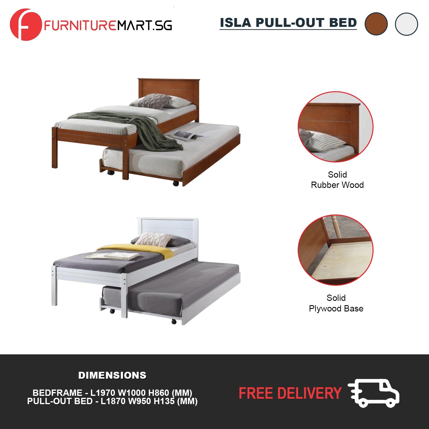 Fisla Solid Rubberwood Bed Frame Flat Plywood Base with Pull-out Bed in Single Mahogany Color w/ Mattress Option
