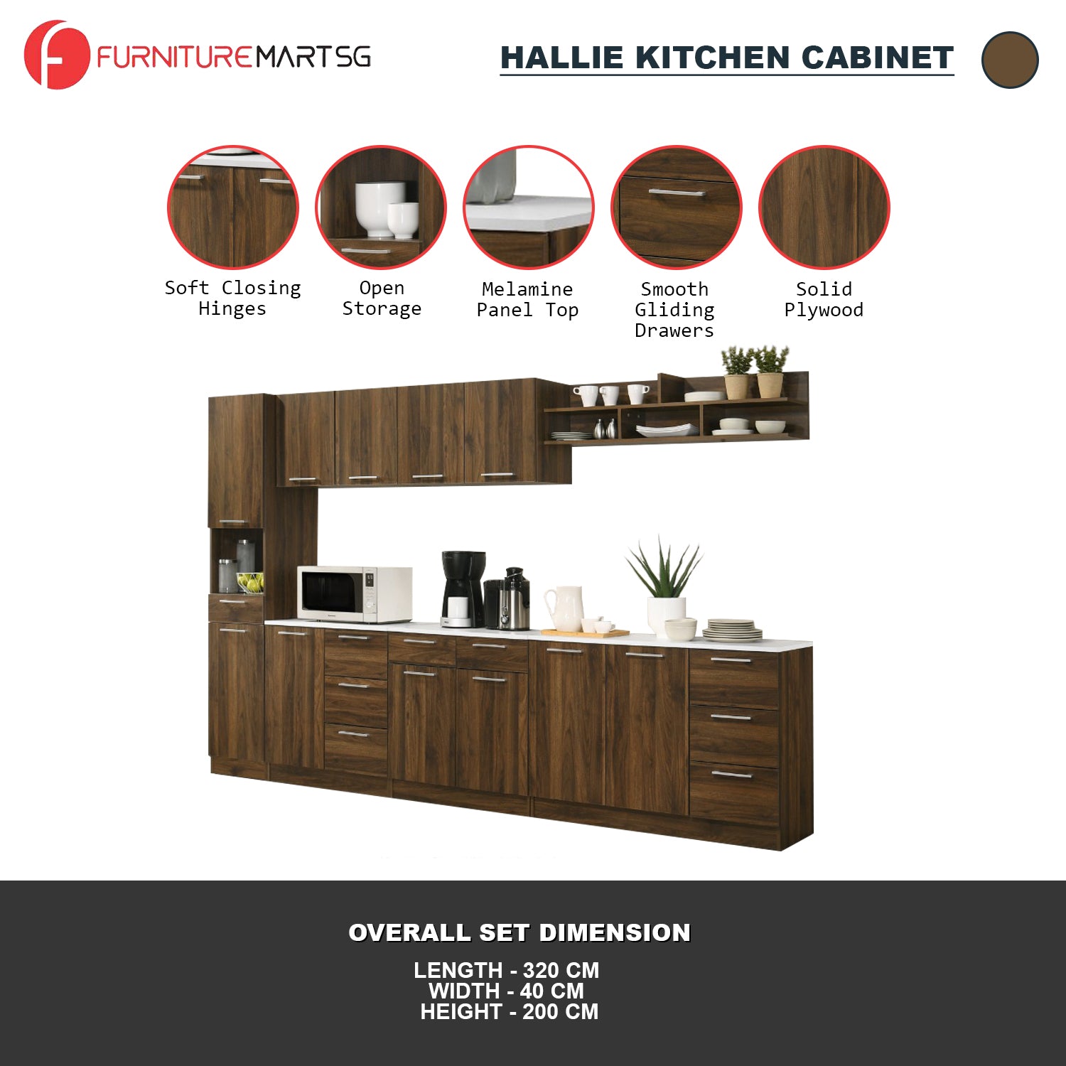 Hallie Series Modular Kitchen Cabinet Melamine Panel Top with Hanging Cabinet in Brown & Natural Color.
