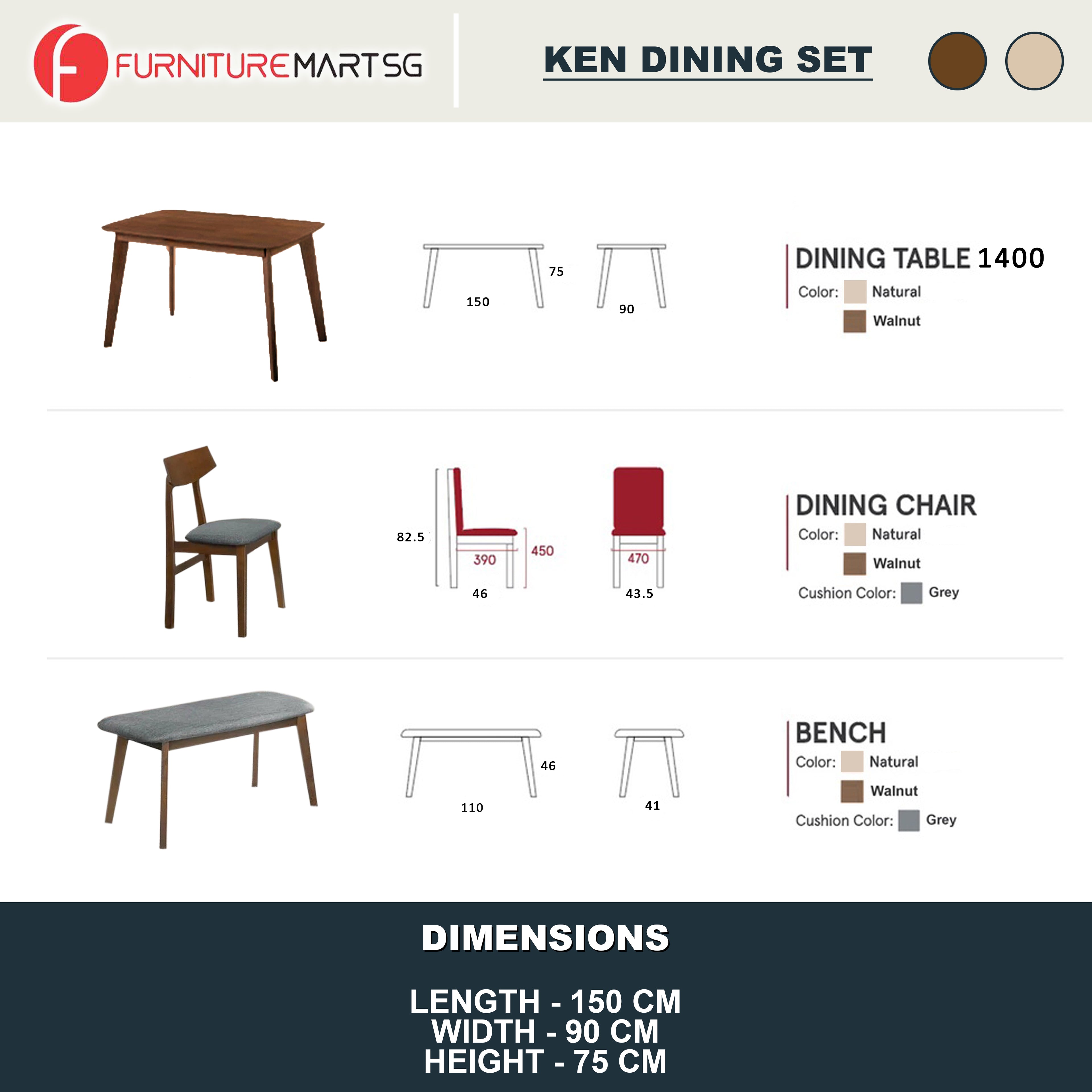 KEN Solid Rubberwood 6 Seater Dining Set with Bench Natural/Walnut