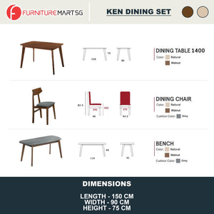 KEN Solid Rubberwood 6 Seater Dining Set with Bench Natural/Walnut
