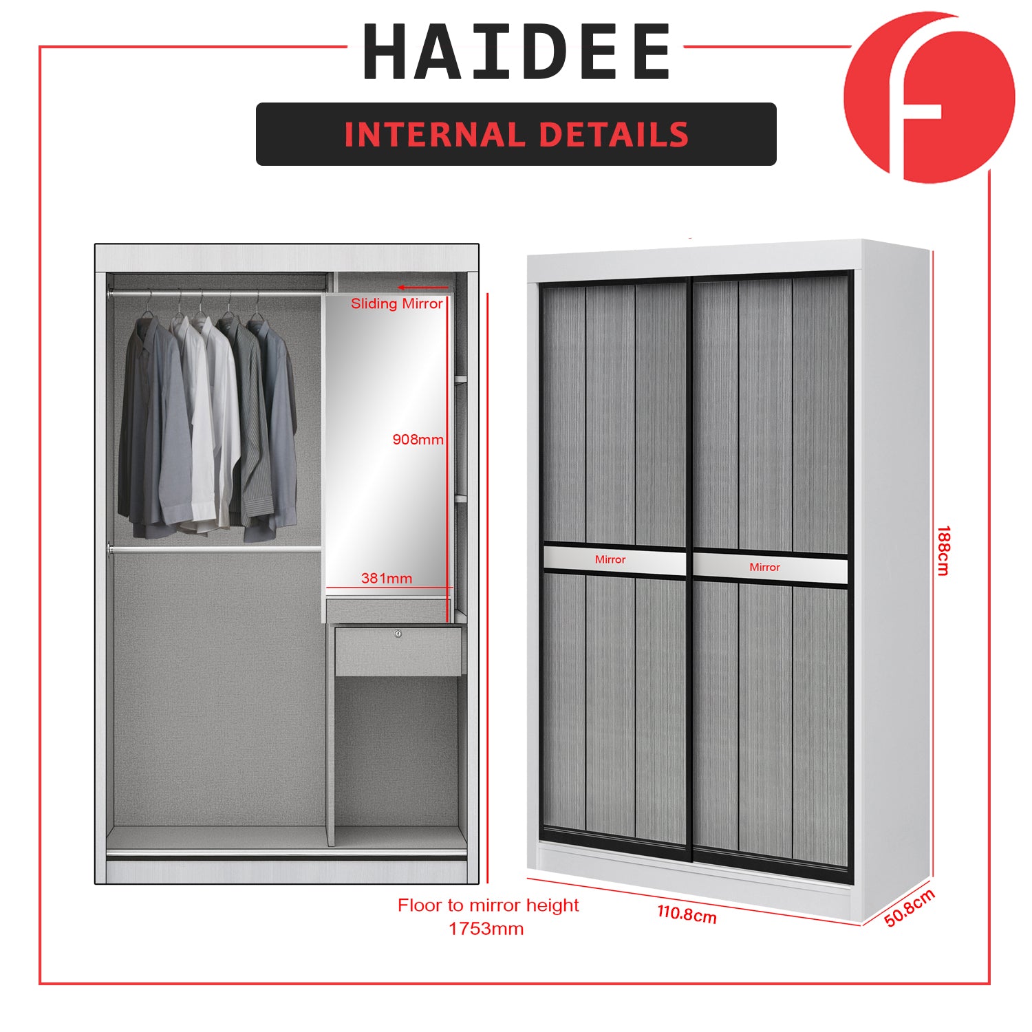 Haidee Series 2-Door Sliding Door Wardrobe with Internal Mirror in 5 Colors And 7 Door