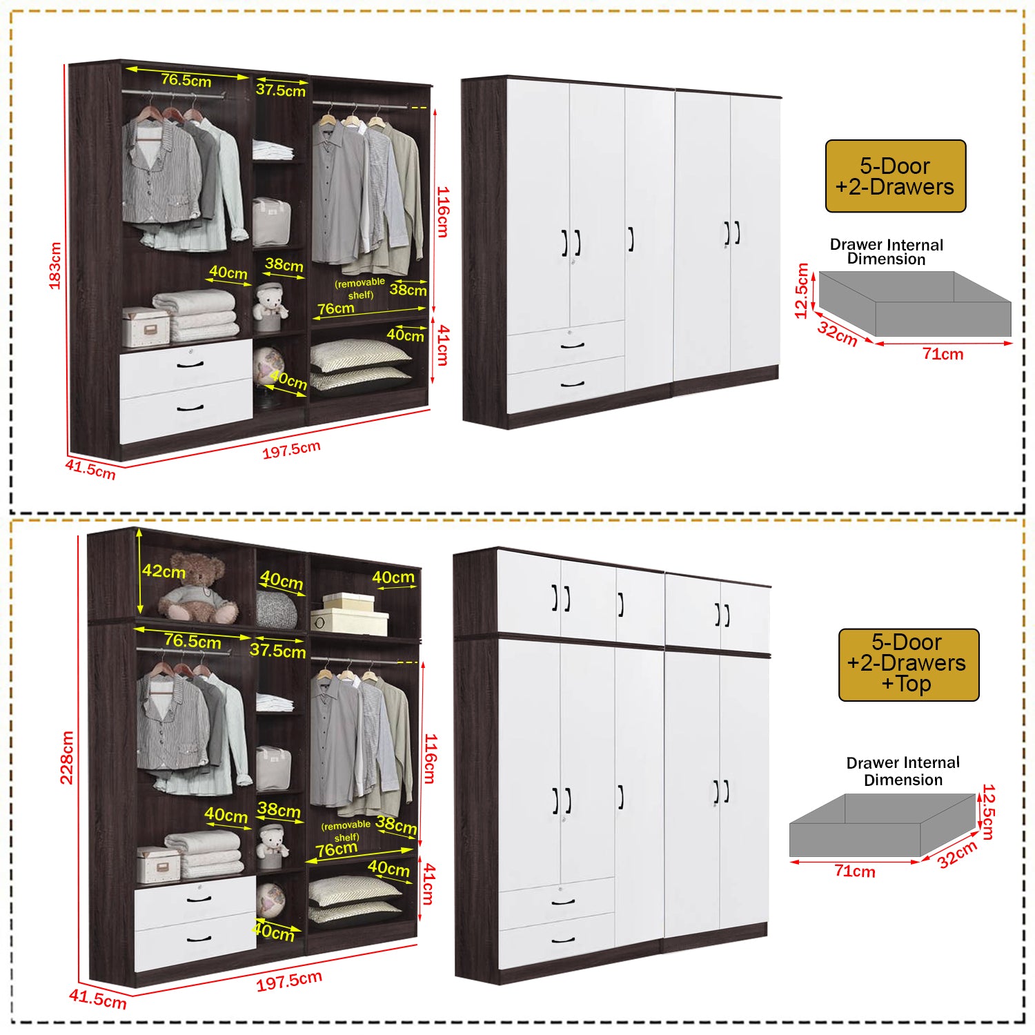 Rome Series 1/2/3/4/5 Doors Tall Wardrobe with Drawers and Top Cabinet in Walnut+White
