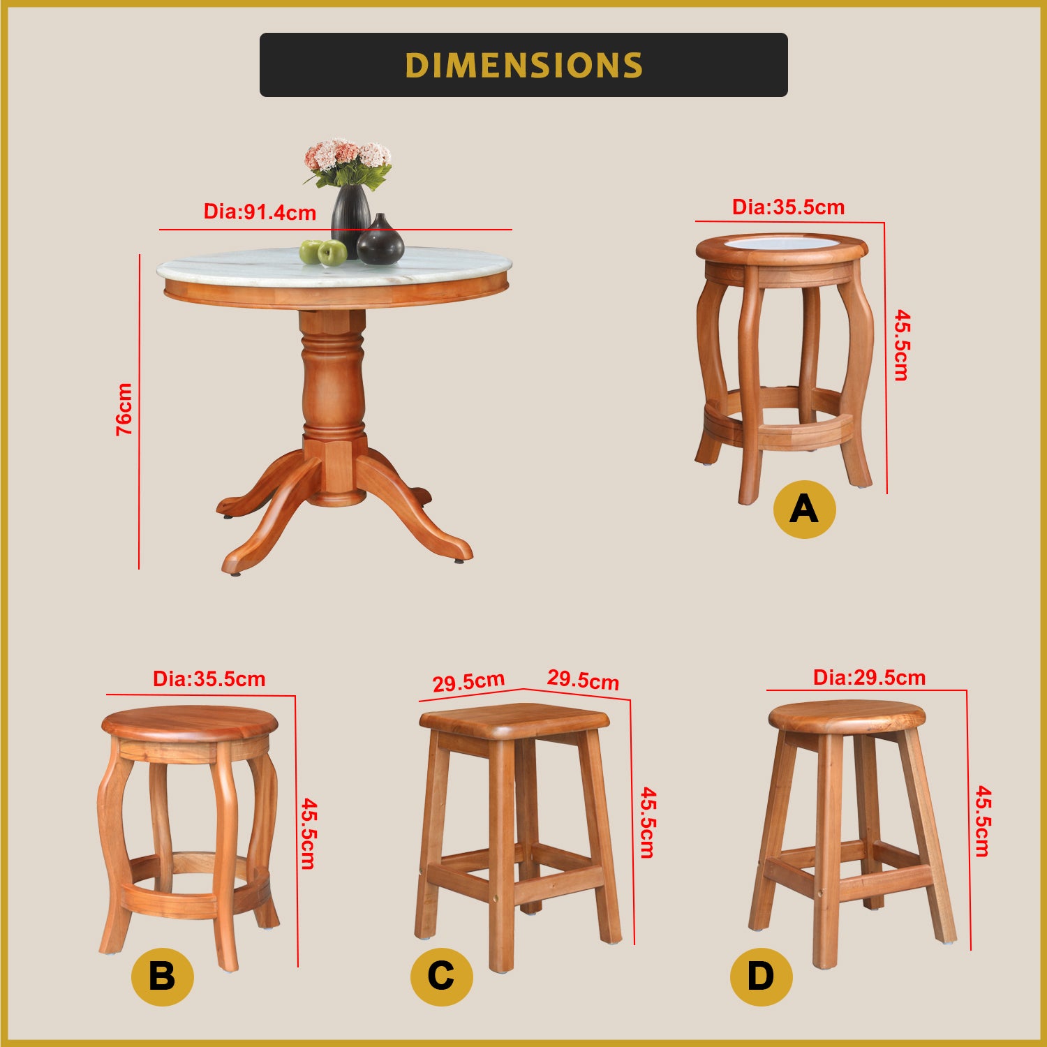 Mateo Dining Set Round Table & Stools 1+4 in Solid Wood Natural Marble Top Cherry/Walnut