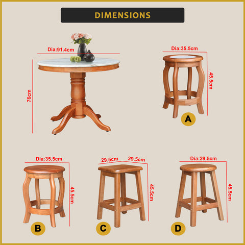 Image of Mateo Dining Set Round Table & Stools 1+4 in Solid Wood Natural Marble Top Cherry/Walnut