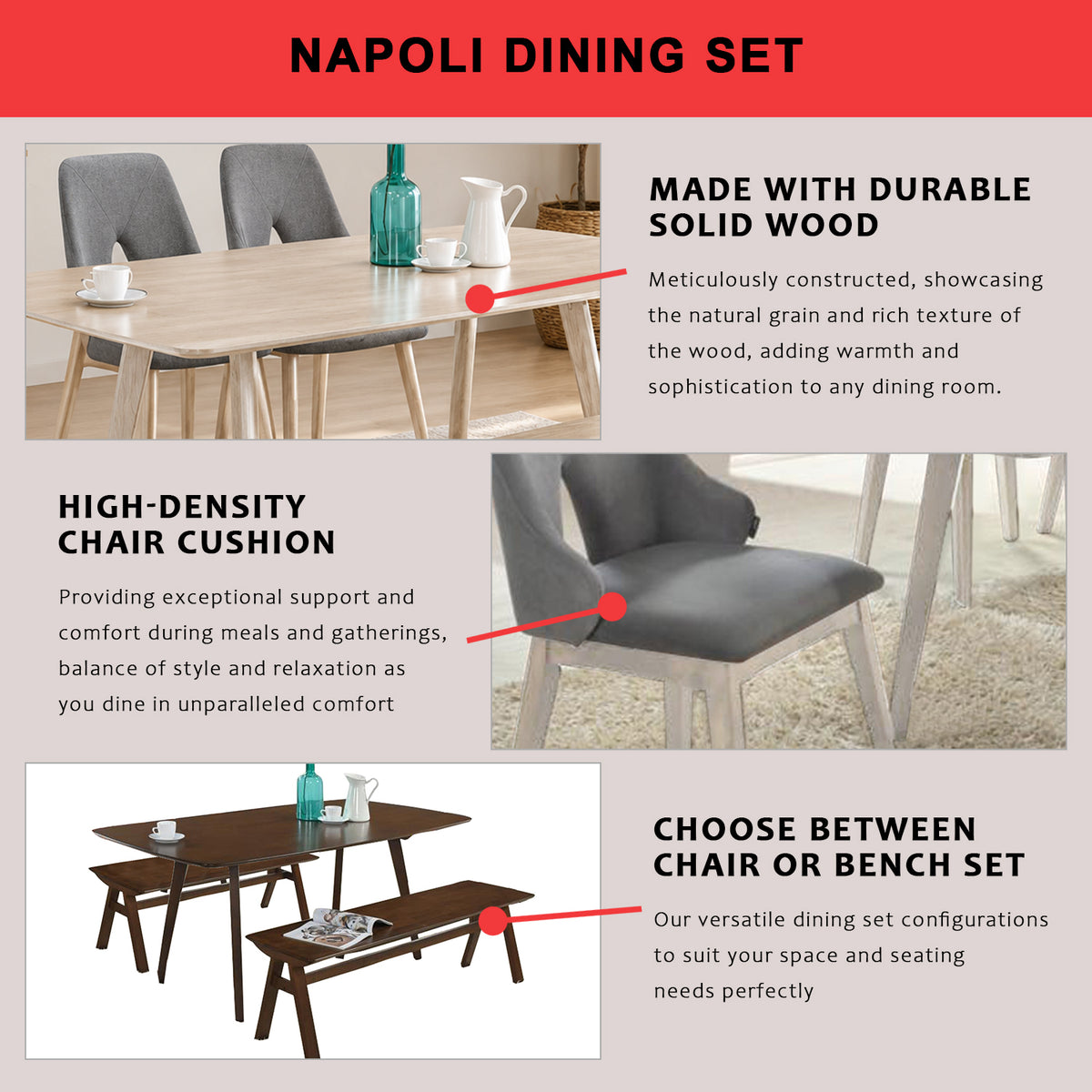Napoli Solid Wood Dining Set Table with Chair and Bench - Available in Natural and Walnut Colour