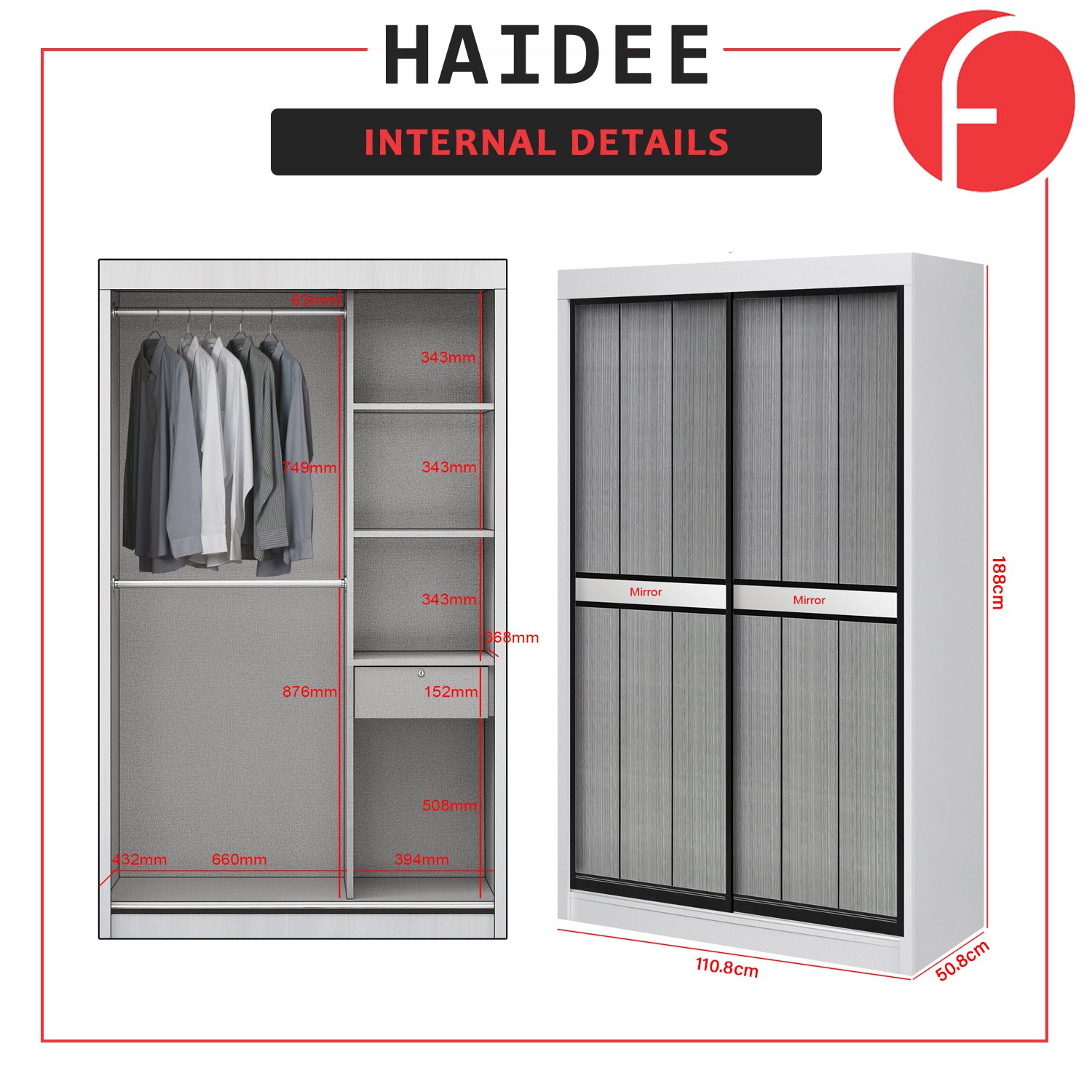 Haidee Series 2-Door Sliding Door Wardrobe in 5 Colors 7 Door Designs