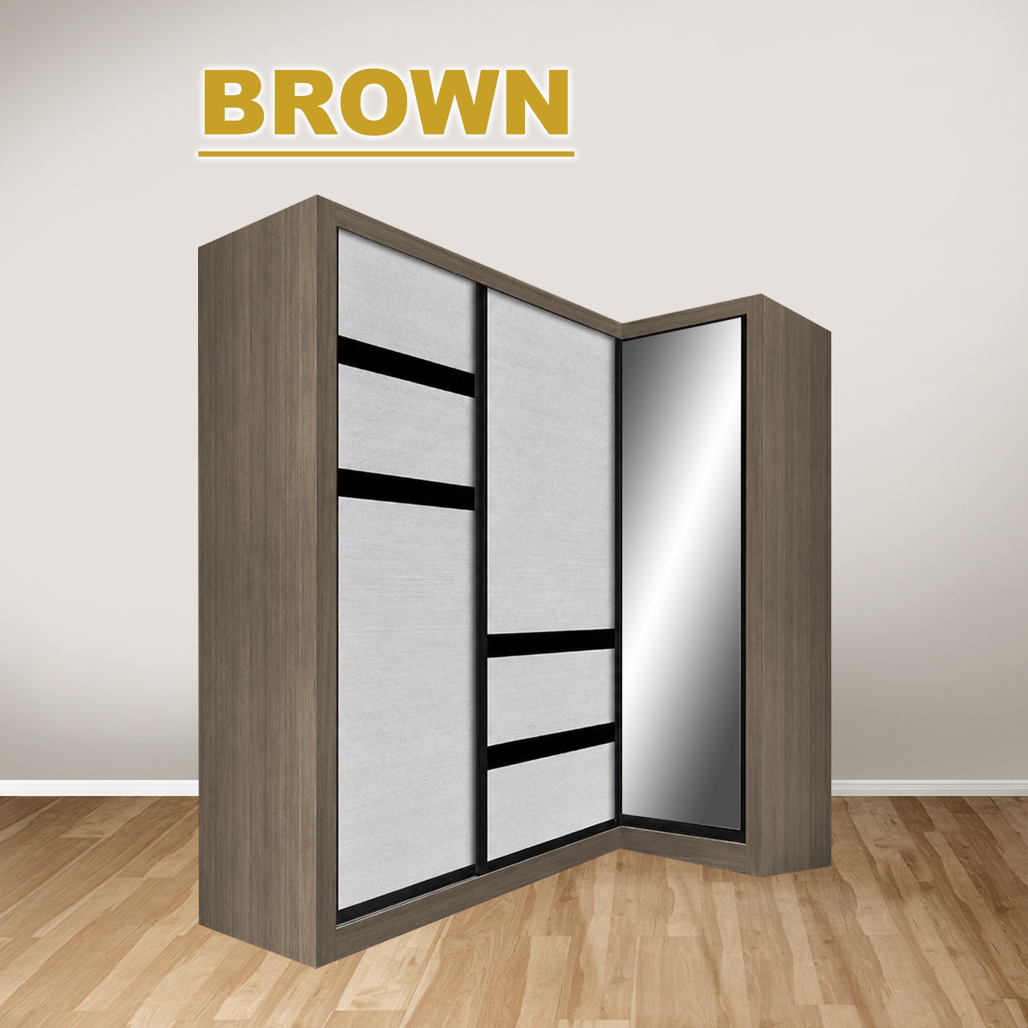 Baden Sliding Door L Shaped Corner Wardrobe with Mirror Door & Internal Drawer w/ Lock in 3 Color