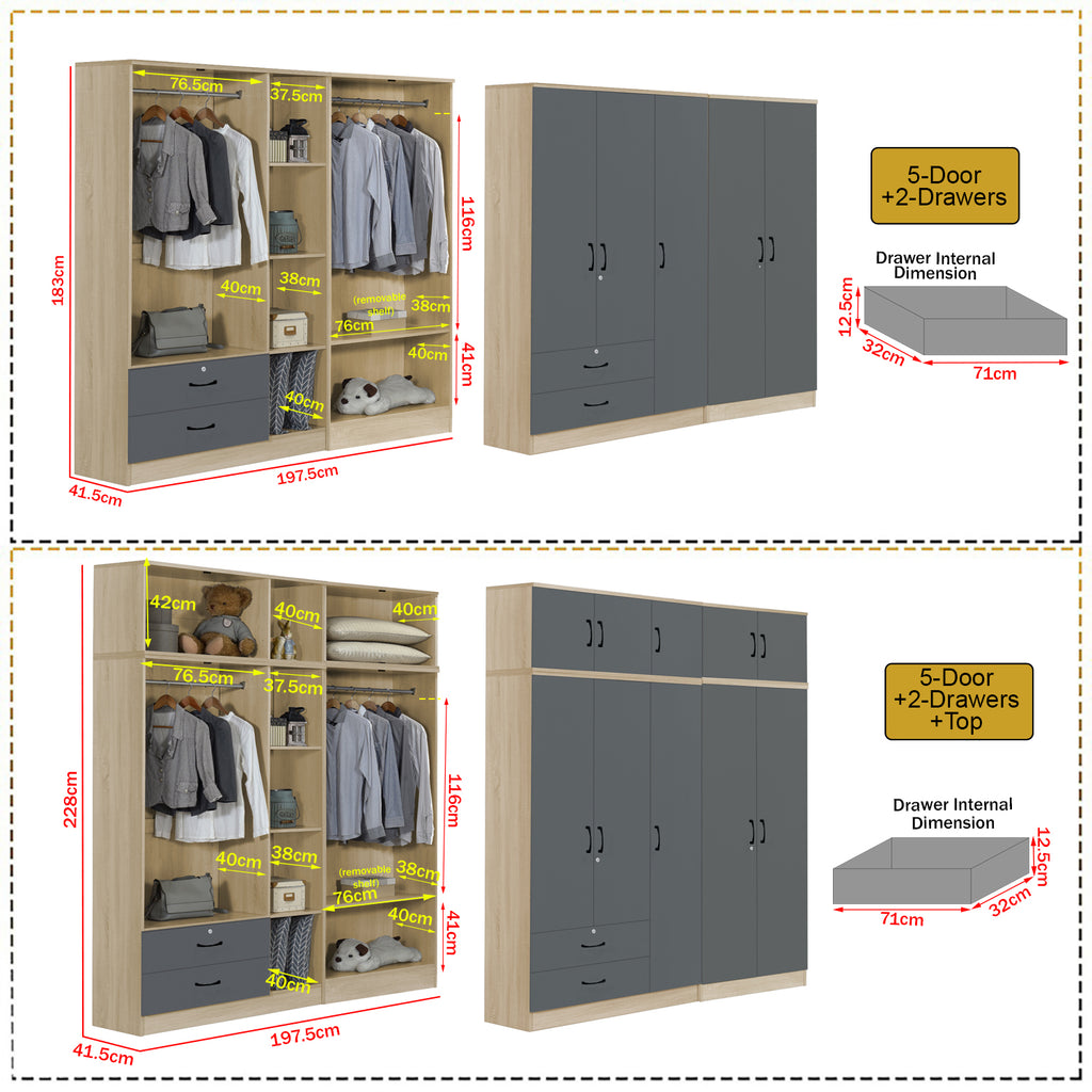 Florence Series 1/2/3/4/5 Doors Tall Wardrobe with Drawers and Top Cabinet in Natural