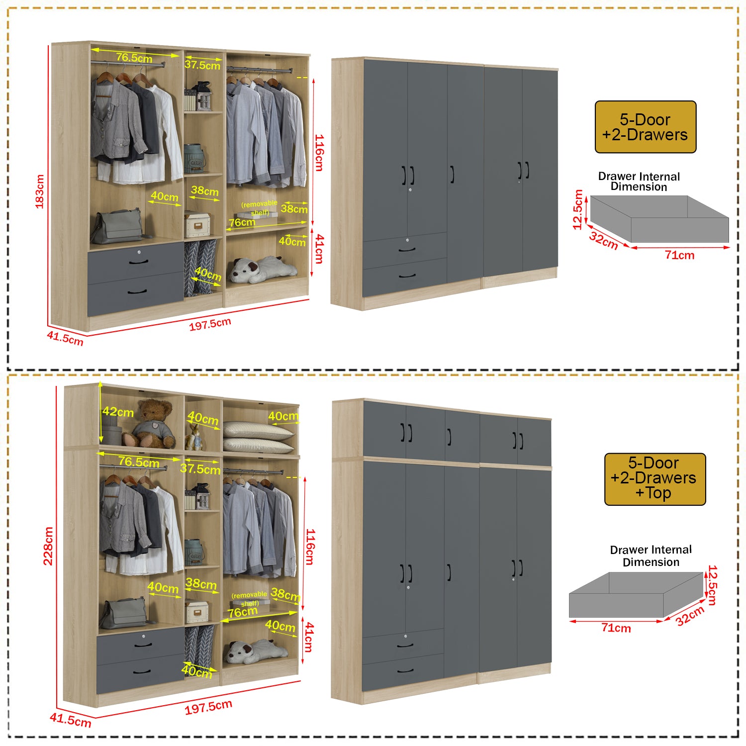 Florence Series 1/2/3/4/5 Doors Tall Wardrobe with Drawers and Top Cabinet in Natural