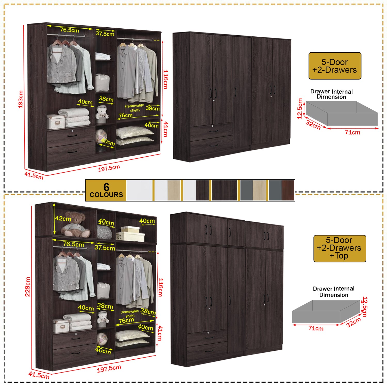 BERLIN Series 1/2/3/4/5 Doors Tall Wardrobe with Drawers and Top Cabinet in 6 Colours