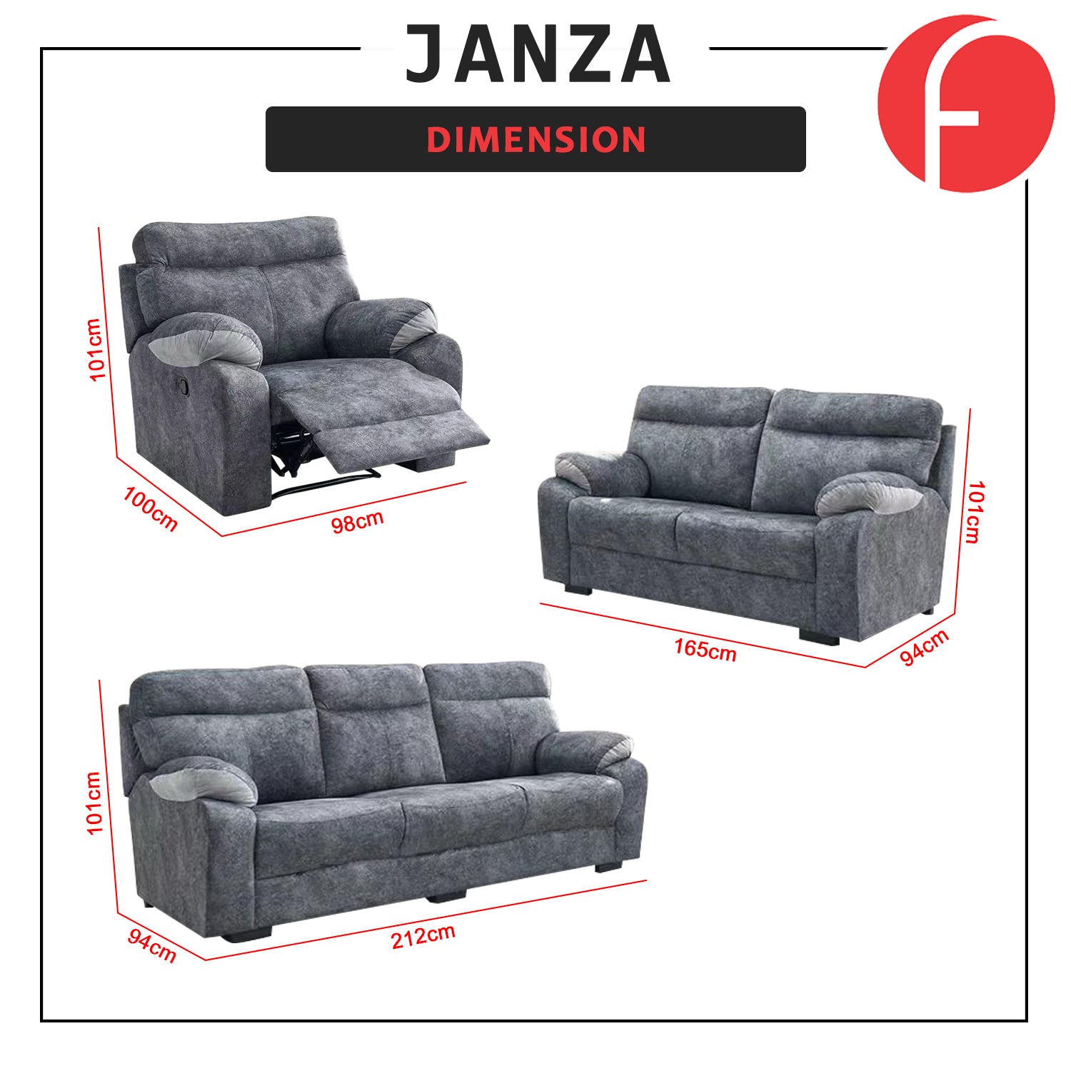 Janza Charcoal Fabric 1/2/3-Seater Left/Right L-Shaped Sofa in Charcoal Colour