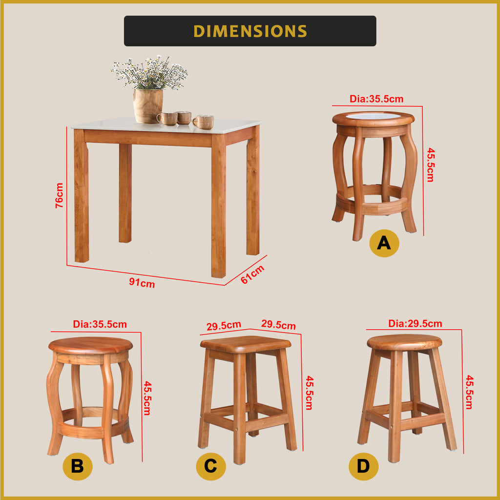 Lucas Dining Set w/ Table and Stools 1+4 in Solid Wood Natural Marble Top Cherry/Walnut