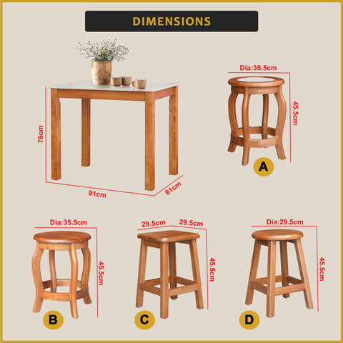 Image of Lucas Dining Set w/ Table and Stools 1+4 in Solid Wood Natural Marble Top Cherry/Walnut