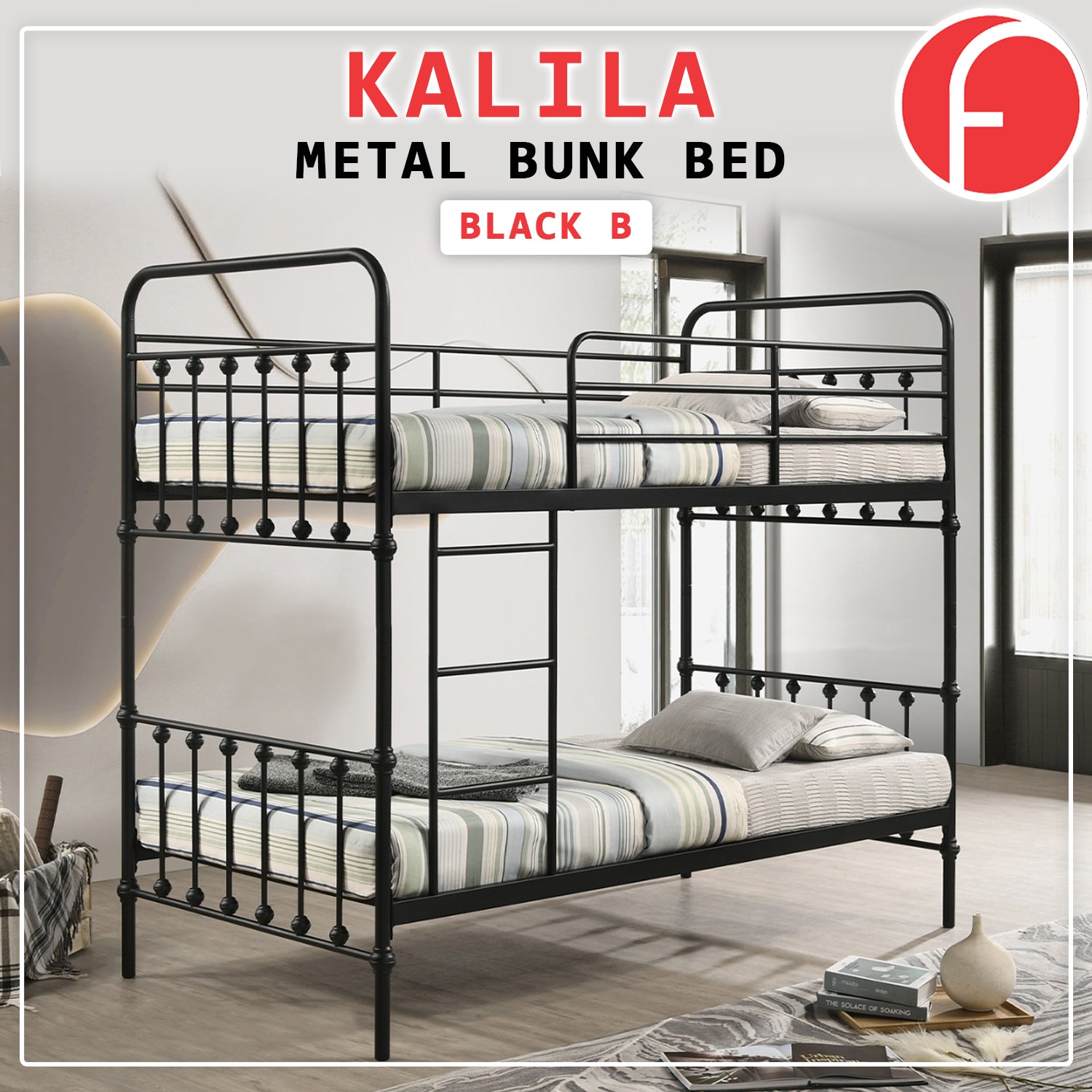 Kalila Metal Double Decker Bed Frame With Mattress Package In Black & White Color