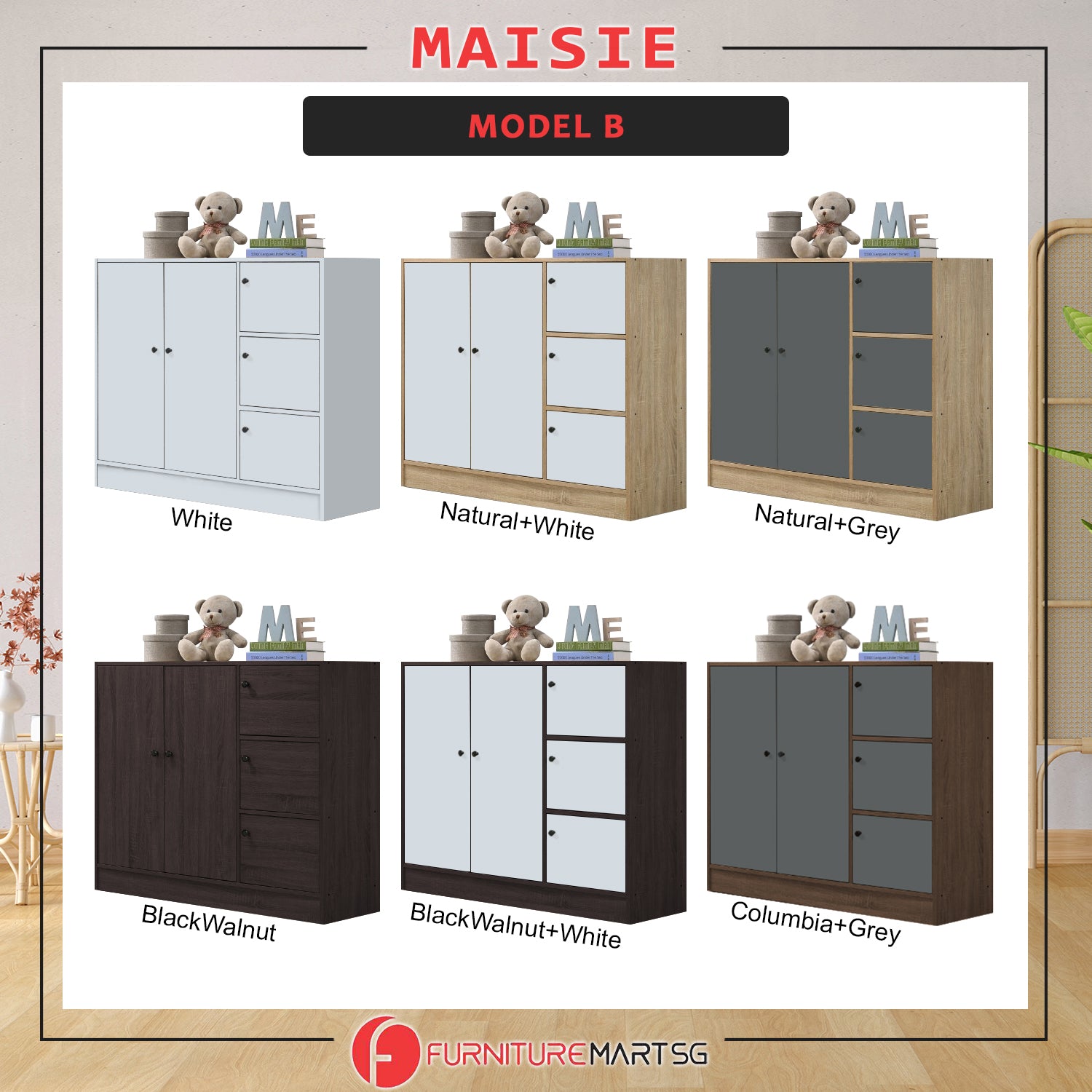 Maisie 3-Door Wardrobe Multi-Purpose Cabinets in 6 Colours