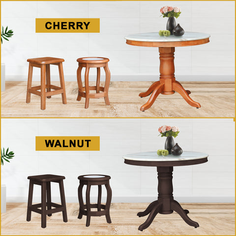 Image of Mateo Dining Set Round Table & Stools 1+4 in Solid Wood Natural Marble Top Cherry/Walnut