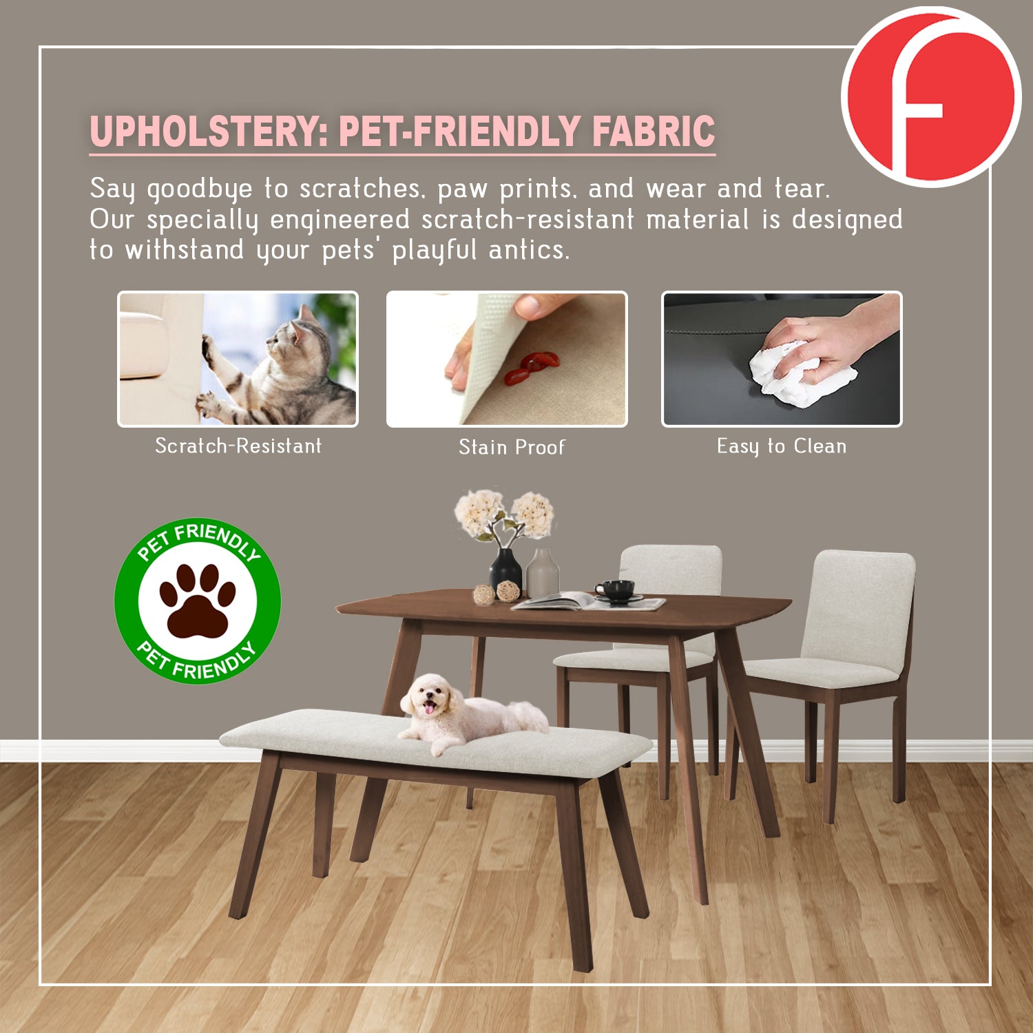 OGIVE Dining Set Table with Chair & Bench Pet-Friendly Fabric in Natural & Walnut Color