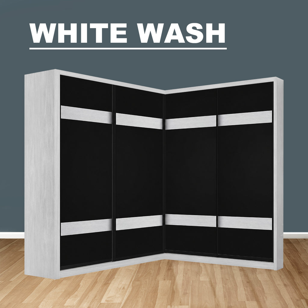 Calvi Sliding Door Corner Wardrobe with Black Glass Door & Internal Drawer w/ Lock