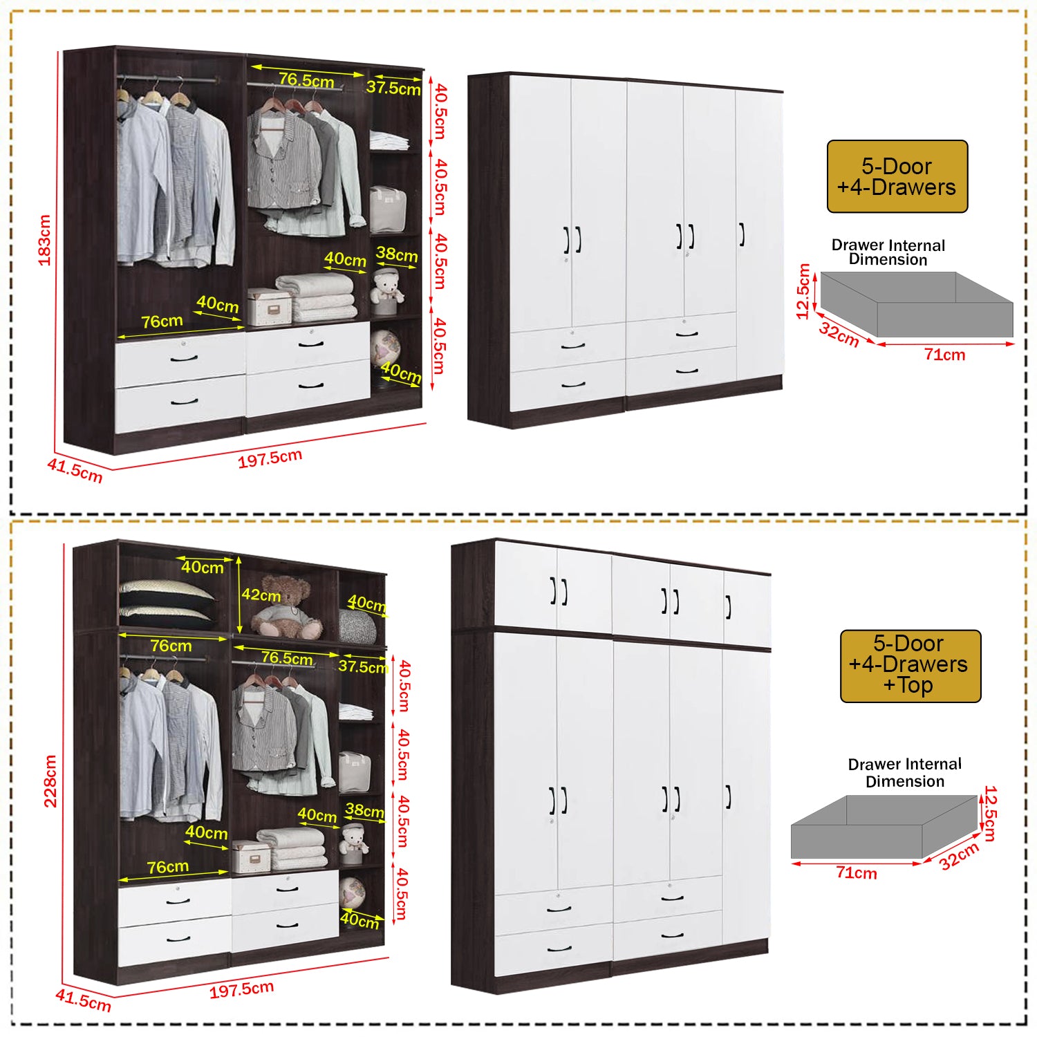 Rome Series 1/2/3/4/5 Doors Tall Wardrobe with Drawers and Top Cabinet in Walnut+White