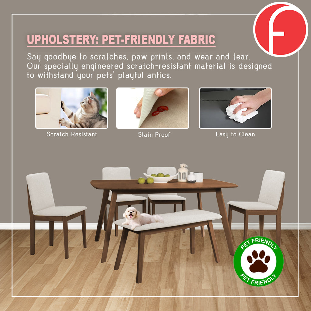 OGIVE 1+4 Dining Set Table with Chair & Bench Pet-Friendly Fabric in Natural & Walnut Color