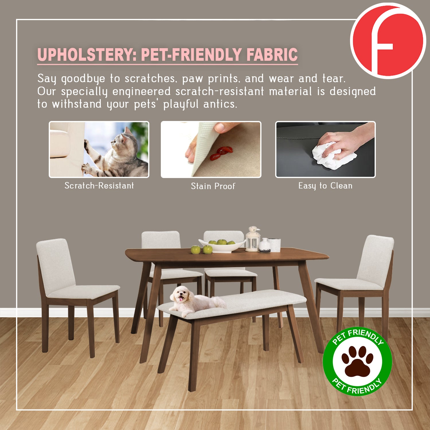 OGIVE 1+4 Dining Set Table with Chair & Bench Pet-Friendly Fabric in Natural & Walnut Color