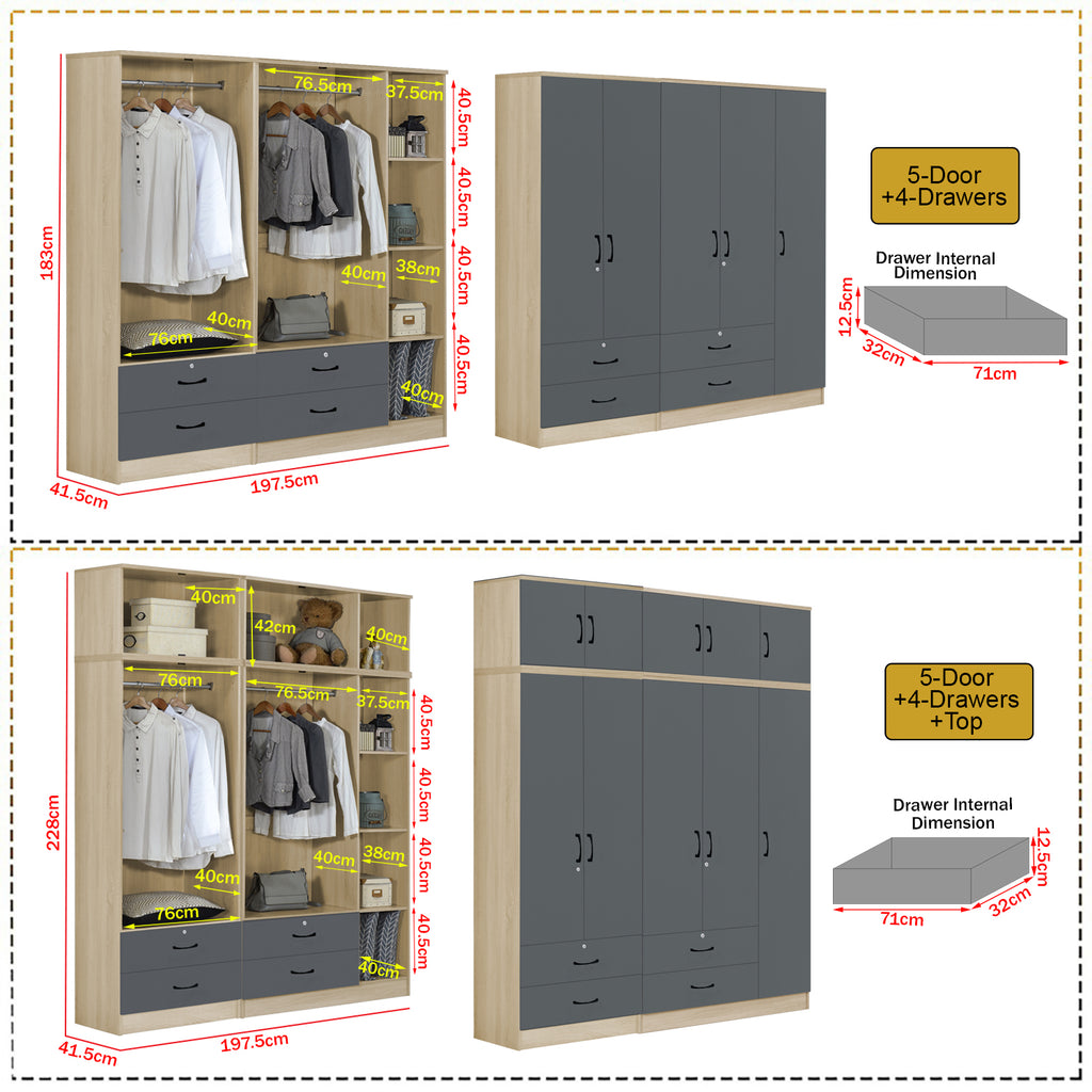 Florence Series 1/2/3/4/5 Doors Tall Wardrobe with Drawers and Top Cabinet in Natural