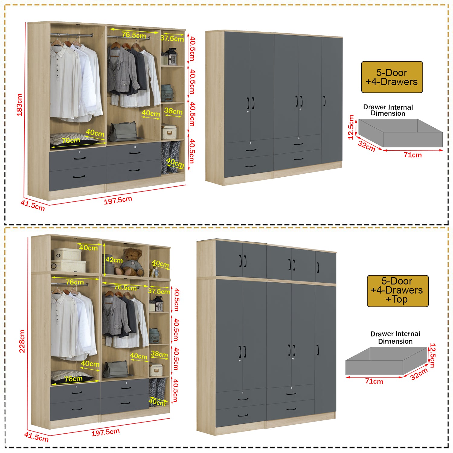 Florence Series 1/2/3/4/5 Doors Tall Wardrobe with Drawers and Top Cabinet in Natural