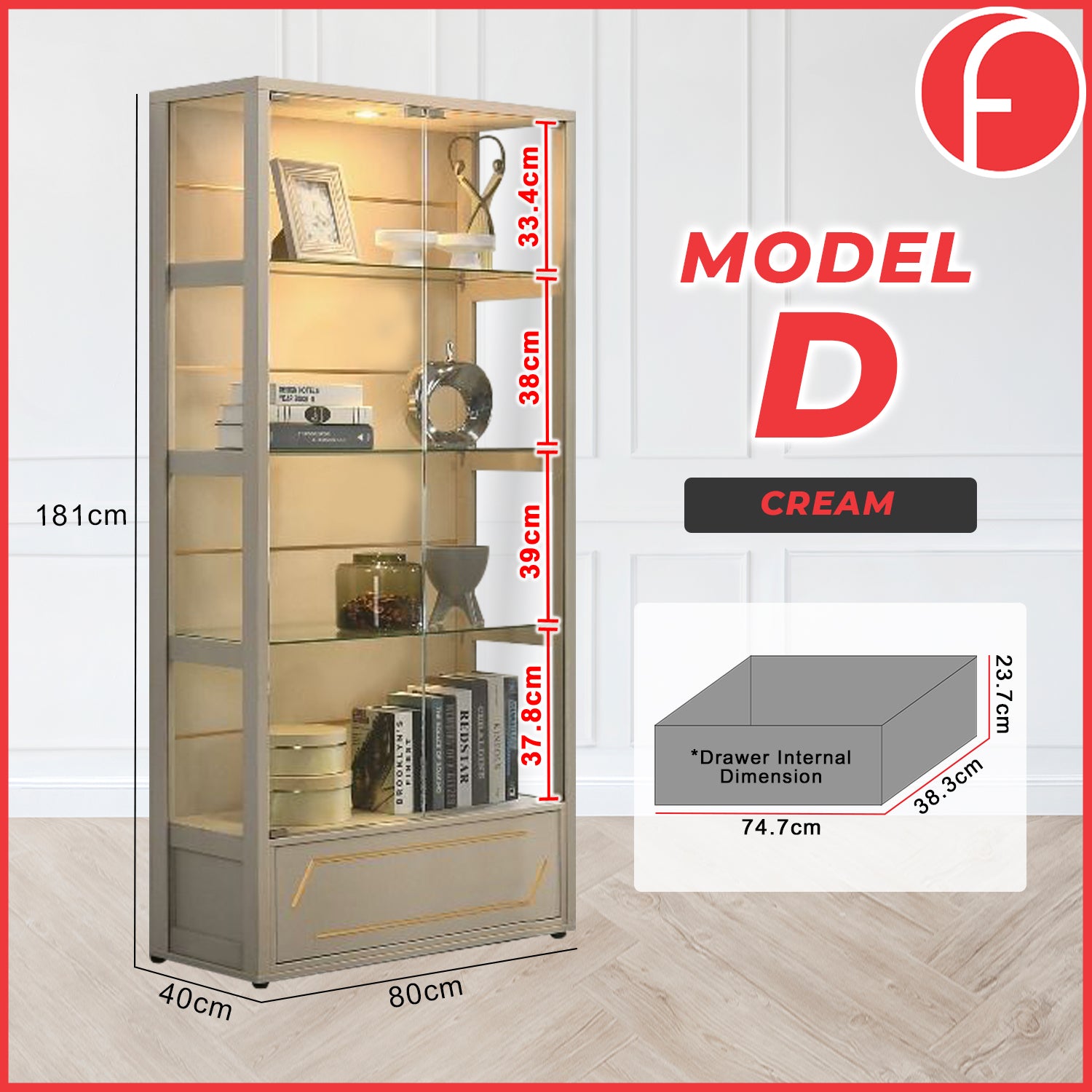 Tessa Series 4 Display Cabinet Book Shelves Glass Door with Light