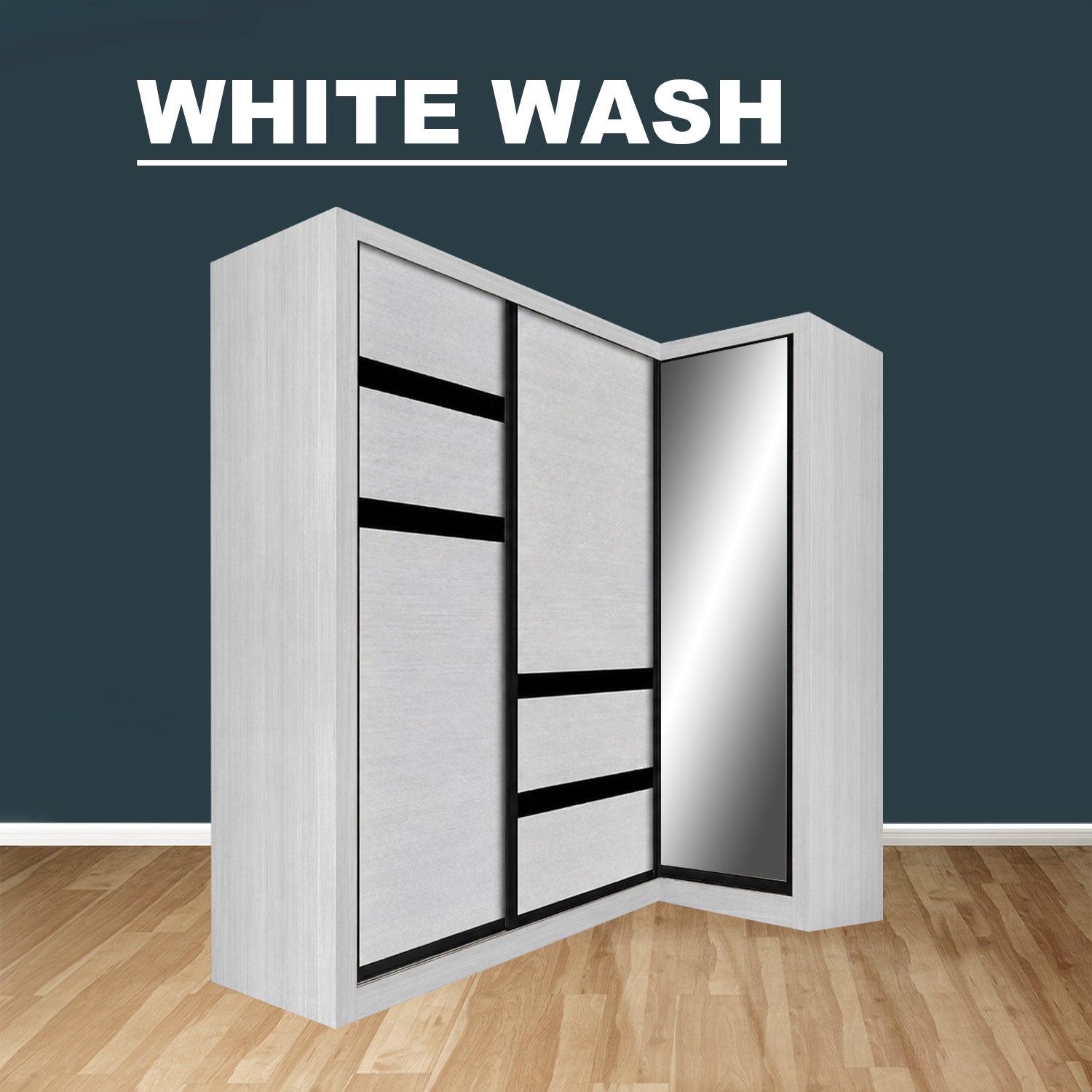 Baden Sliding Door L Shaped Corner Wardrobe with Mirror Door & Internal Drawer w/ Lock in 3 Color