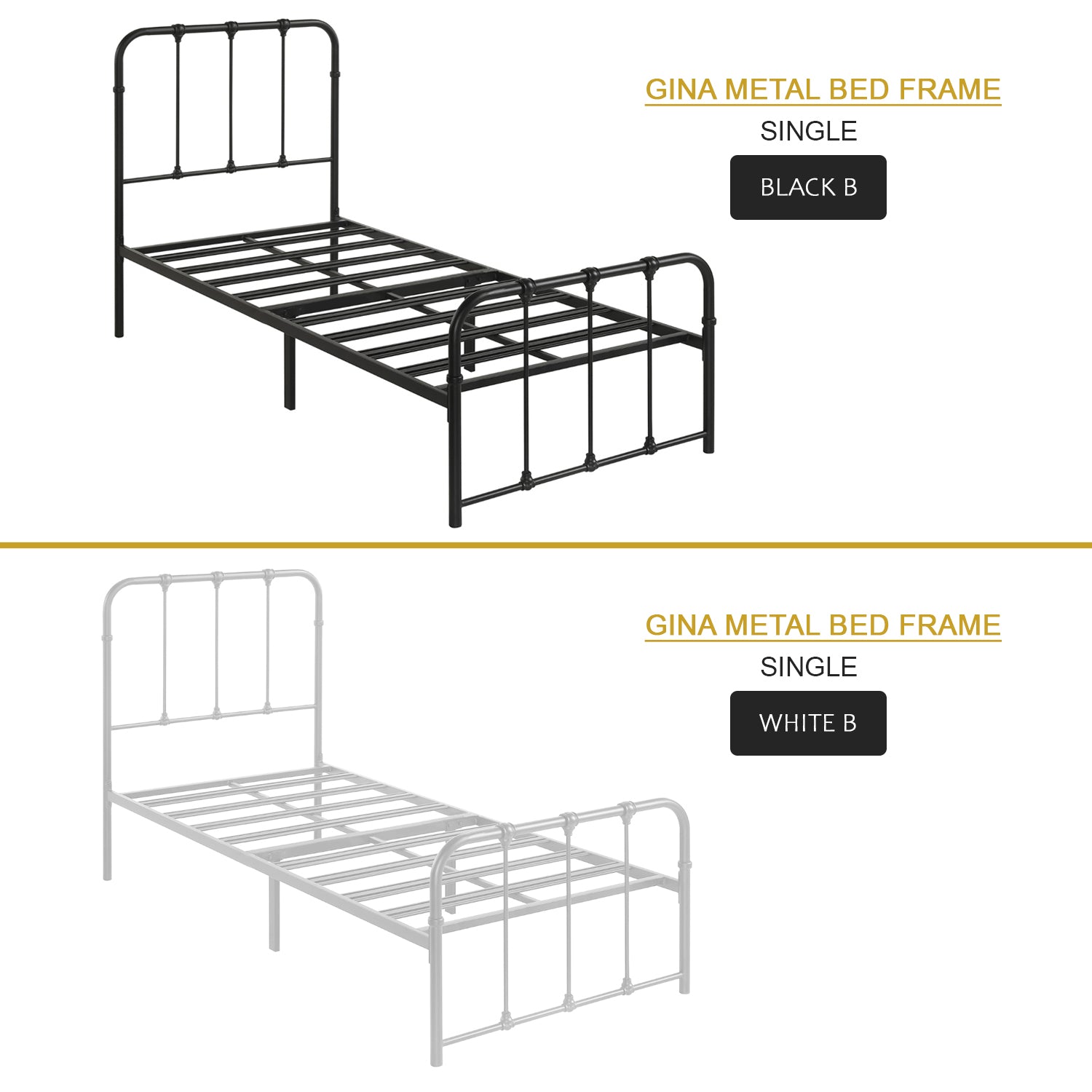 Gina Metal Bed Frame in White And Black Colors - All Sizes Available