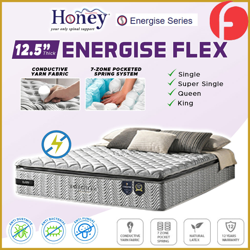 Honey Energise Flex 12.5" Anti-Static 7-Zone Pocket Spring Mattress FREE PILLOW - All Sizes