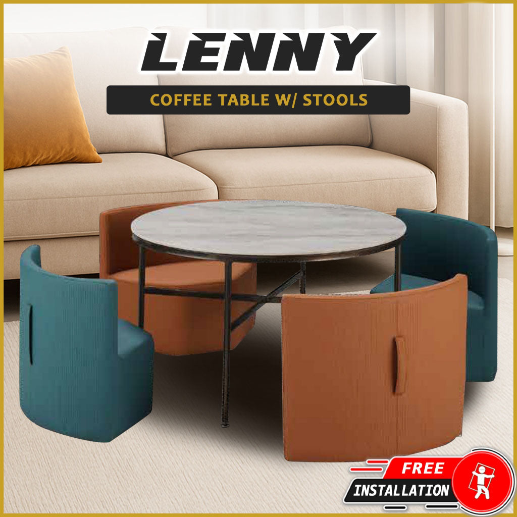 Lenny Coffee Center Table with 4 pcs Stool Steel metal + Ceramic Table Top