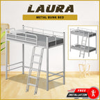 Laura Single Metal Bunk Bed Frame or Loft Bed Style in White Colour - with Mattress