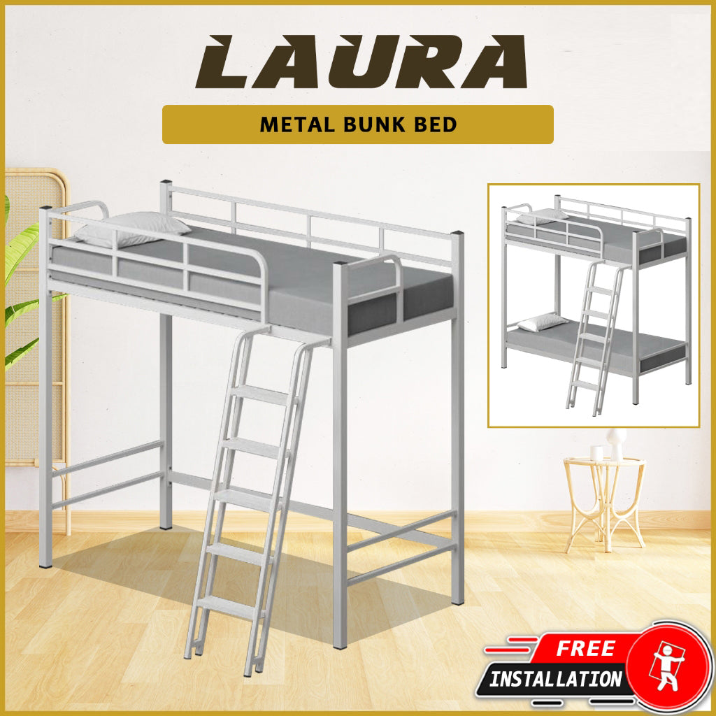 Laura Single Metal Bunk Bed Frame or Loft Bed Style in White Colour - with Mattress