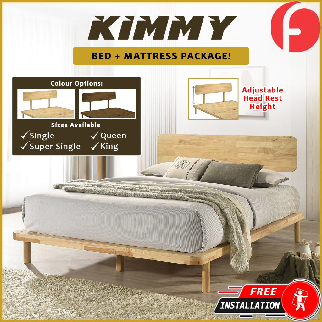 Kimmy Solid Wood Bed Frame Single, Super Single, Queen, King Size - w/ Mattress Option