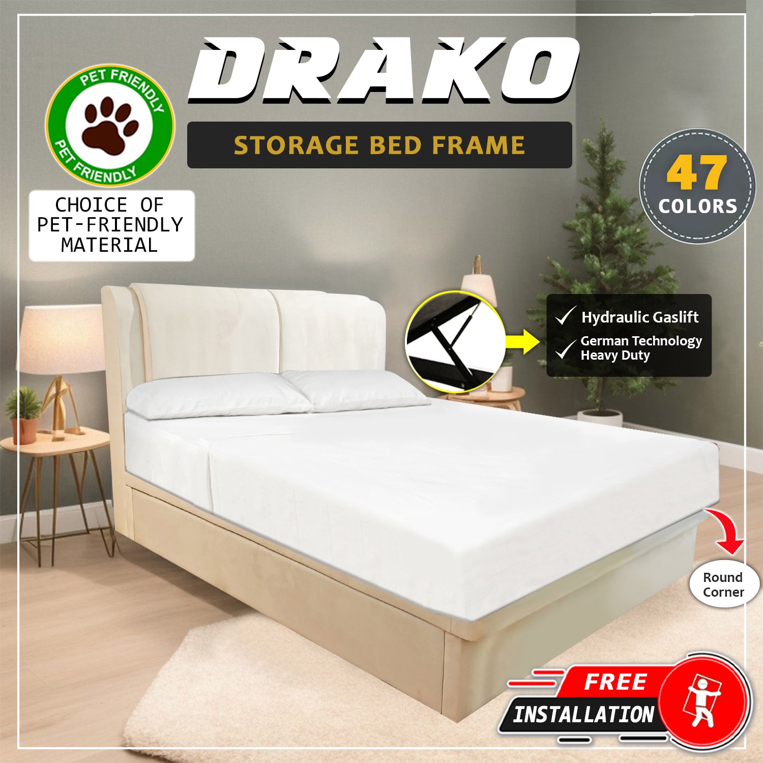 Drako Storage Bedframe w/ Mattress AddOn PetFriendly Fabric Option - All Sizes