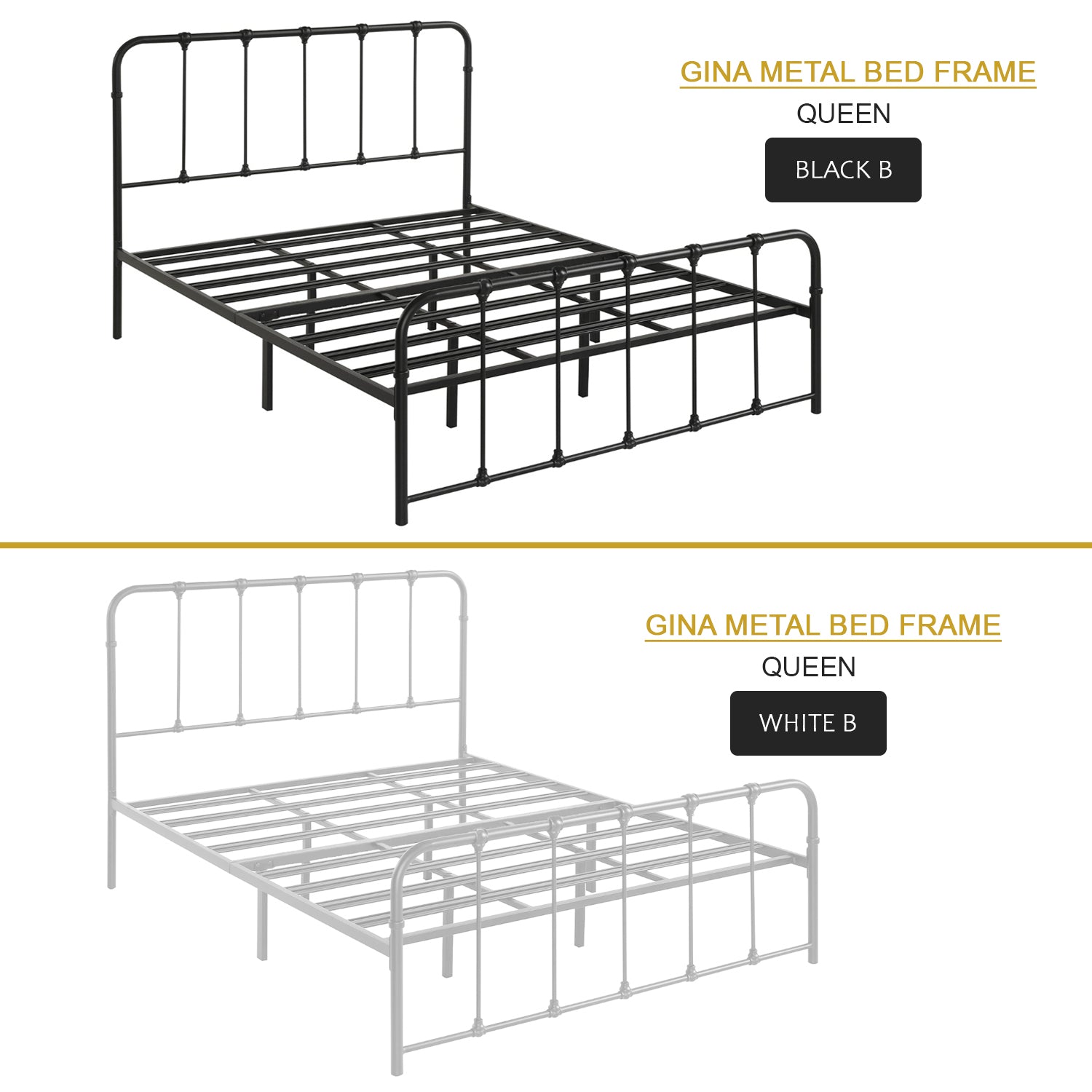 Gina Metal Bed Frame in White And Black Colors - All Sizes Available